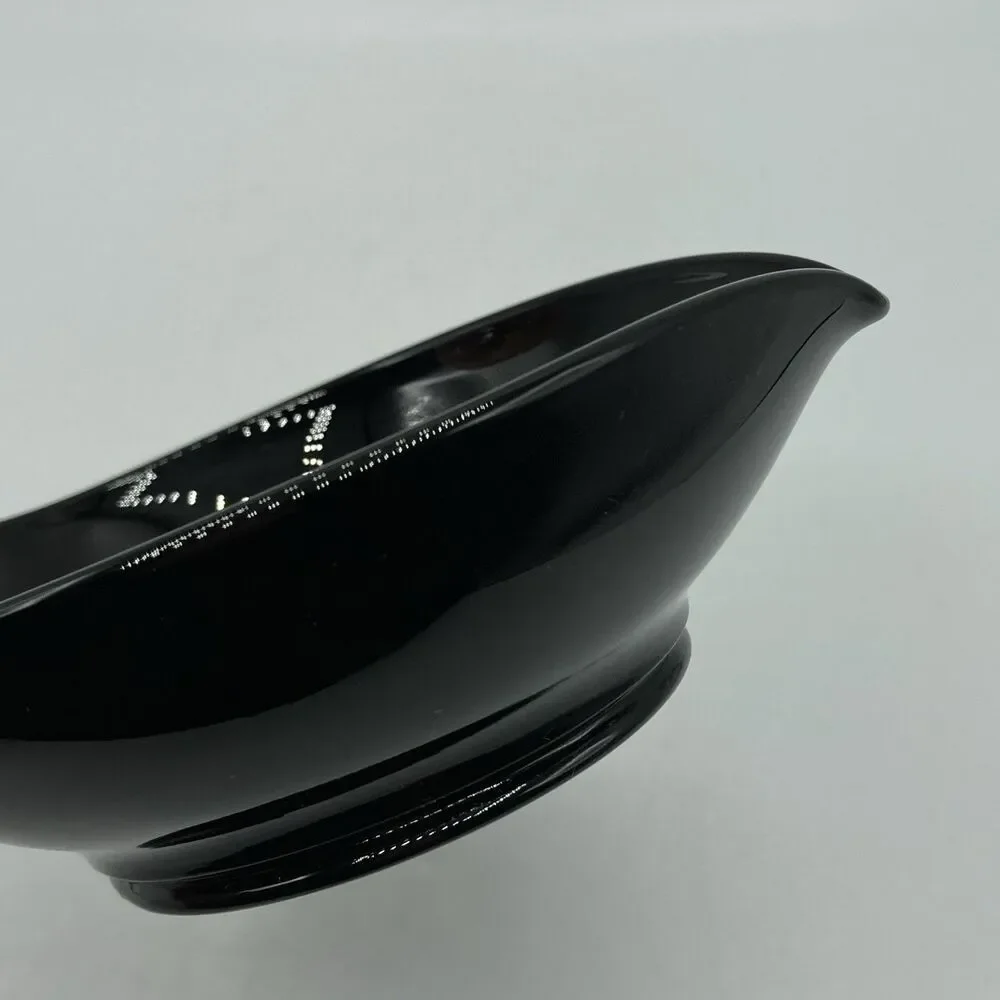 Vtg Black Glass Heart Candy Trinket Nappy Dish Applied Clear Loop Handle 6.25”